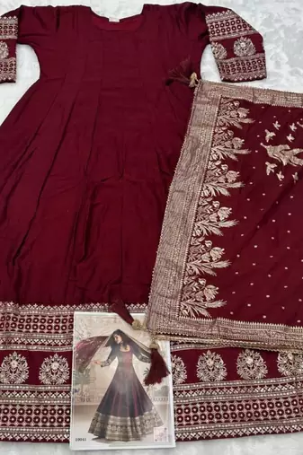 Maroon vichitra silk anarkali suit with embroidery sequin -Free size Stitched