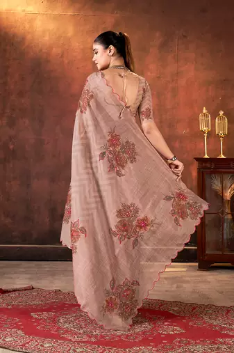brown tabby organza printed with khatli work saree
