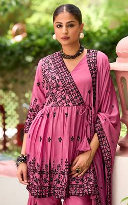 Rani pink chinon readymade sharara suit with embroidery  2
