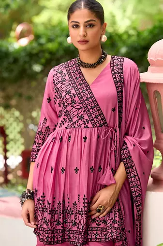 Rani pink chinon readymade sharara suit with embroidery 