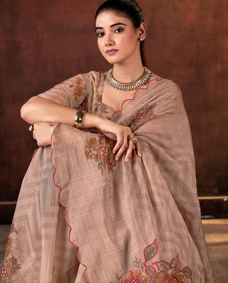 brown tabby organza printed with khatli work saree 4