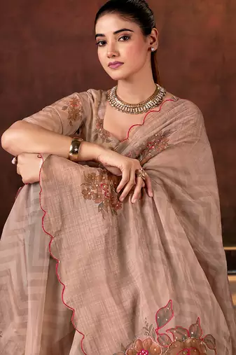brown tabby organza printed with khatli work saree