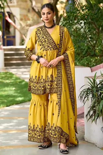 Yellow chinon readymade sharara suit with embroidery work