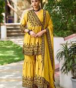 Yellow chinon readymade sharara suit with embroidery work