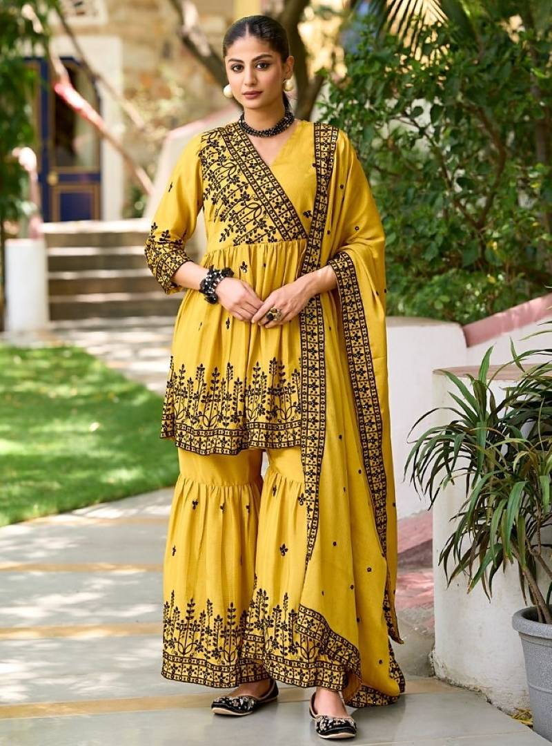 Yellow chinon readymade sharara suit with embroidery work