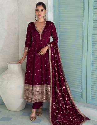 Maroon chinon embroidered anarkali suit- Full stitched free size 1
