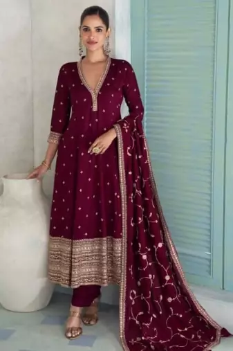 Maroon chinon anarkali suit with embroidery sequence work-Free size Stitched