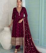 Maroon chinon anarkali suit with embroidery sequence work-Free size Stitched