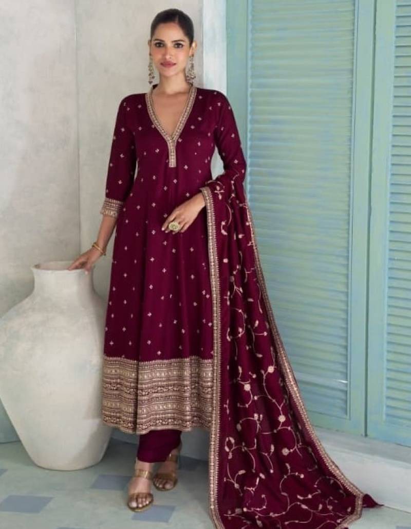 Maroon chinon anarkali suit with embroidery sequence work-Free size Stitched
