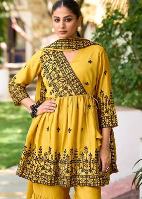 Yellow chinon readymade sharara suit with embroidery  2