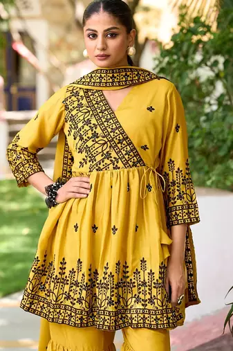 Yellow chinon readymade sharara suit with embroidery 