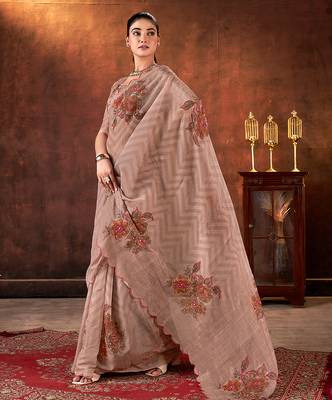 brown tabby organza printed with khatli work saree 5