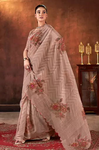 brown tabby organza printed with khatli work saree