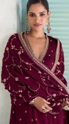 Maroon chinon embroidered anarkali suit- Full stitched free size 2