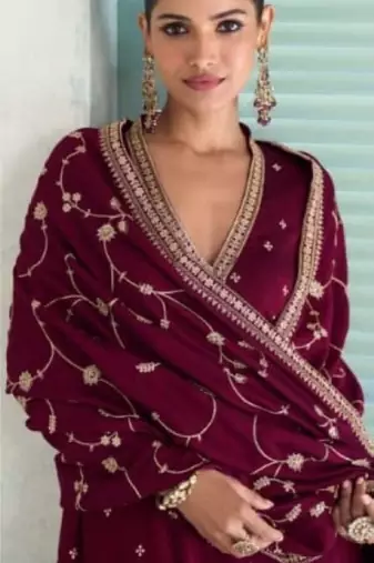 Maroon chinon embroidered anarkali suit- Full stitched free size