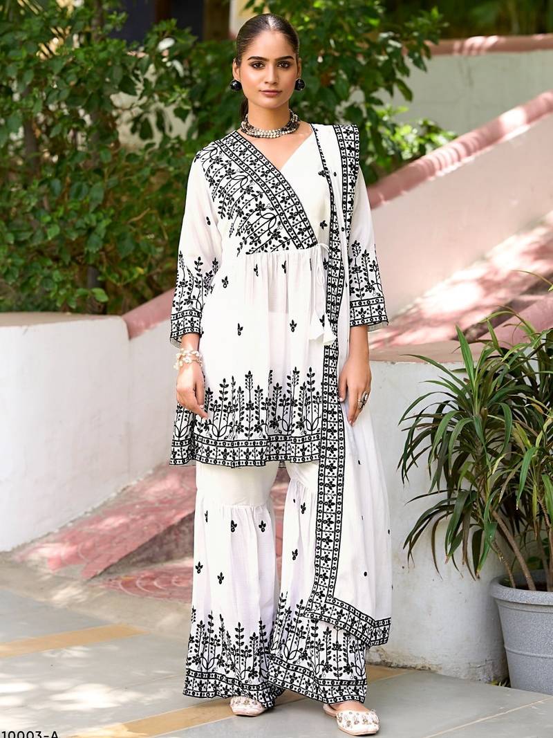 White chinon readymade sharara suit with embroidery work