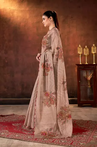 brown tabby organza printed with khatli work saree