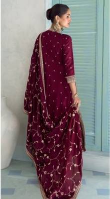 Maroon chinon embroidered anarkali suit- Full stitched free size 3