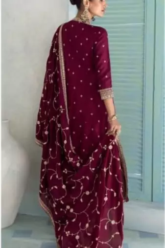 Maroon chinon embroidered anarkali suit- Full stitched free size