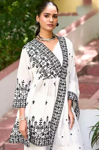 White chinon readymade sharara suit with embroidery 