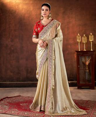 beige space silk blend blend sequins embroidery work saree 1