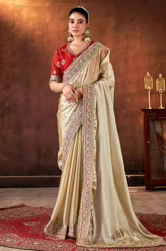 beige color designer space silk blend blend fabric designer sequins embroidery work saree