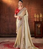 beige color designer space silk blend blend fabric designer sequins embroidery work saree