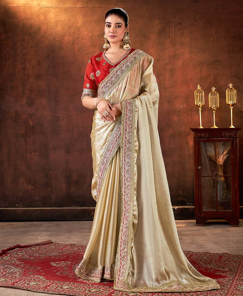 beige color designer space silk blend blend fabric designer sequins embroidery work saree