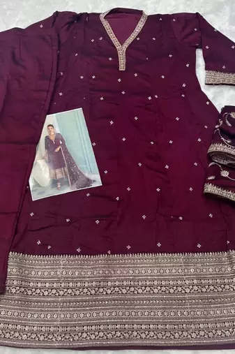 Maroon chinon embroidered anarkali suit- Full stitched free size