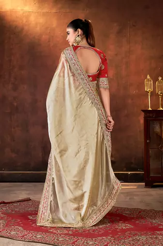 beige space silk blend blend sequins embroidery work saree
