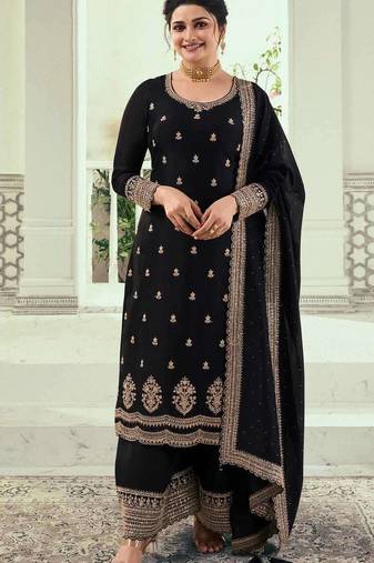 Black silk georgette semi stitched suit with embroidery sequence work