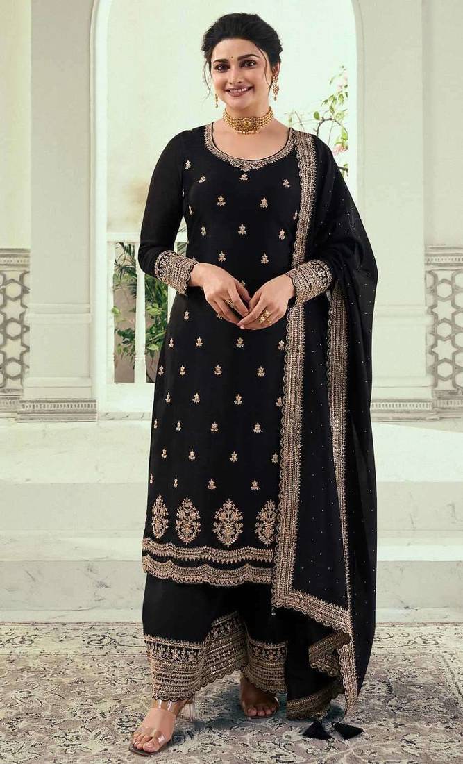 Black silk georgette semi stitched suit with embroidery sequence work