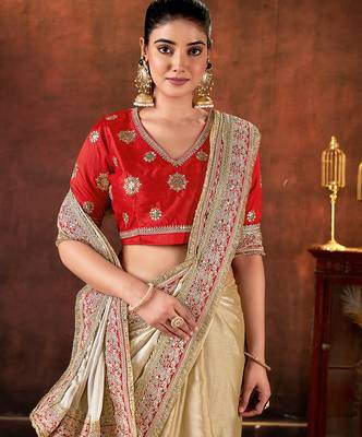 beige space silk blend blend sequins embroidery work saree 4