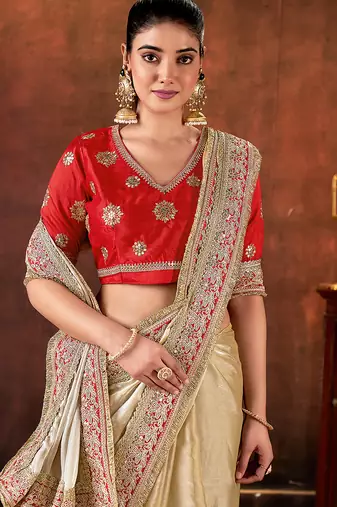 beige space silk blend blend sequins embroidery work saree