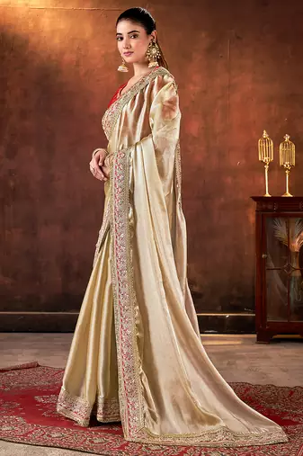 beige space silk blend blend sequins embroidery work saree