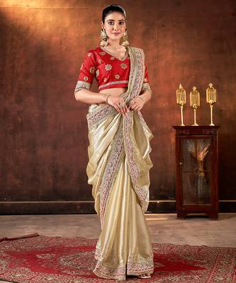 beige space silk blend blend sequins embroidery work saree 6