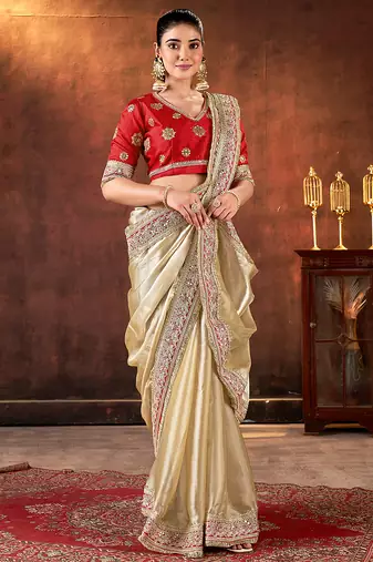 beige space silk blend blend sequins embroidery work saree