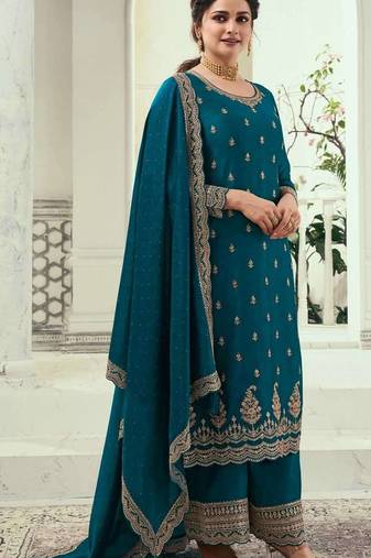 Teal blue silk georgette semi stitched suit with embroidery sequence work