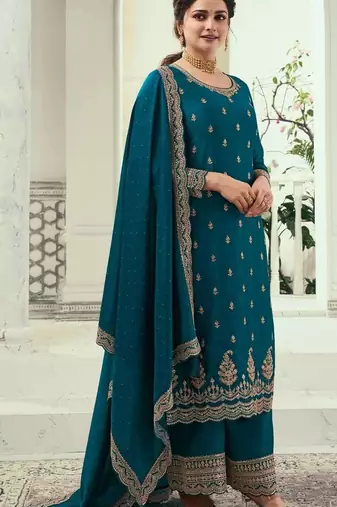 Teal blue silk georgette semi stitched suit with embroidery sequence work