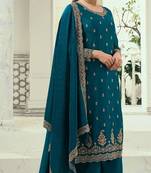 Teal blue silk georgette semi stitched suit with embroidery sequence work