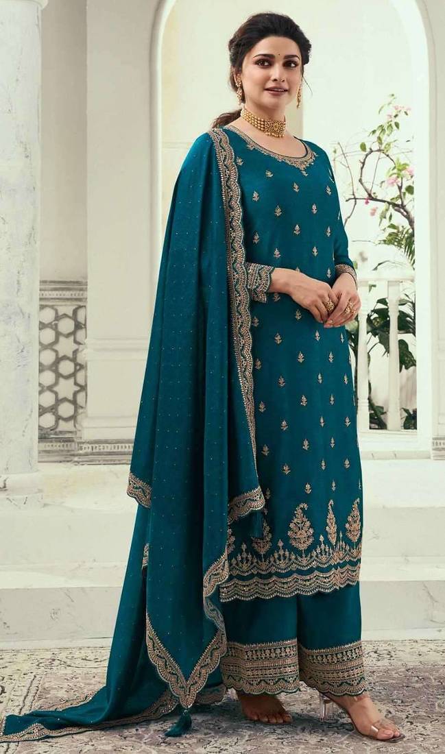 Teal blue silk georgette semi stitched suit with embroidery sequence work