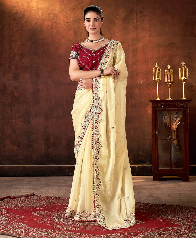 chiku color designer space silk blend blend fabric designer thread embroidery work saree