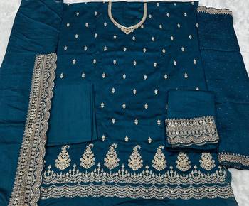 Teal blue silk georgette suit with embroidery sequin  2