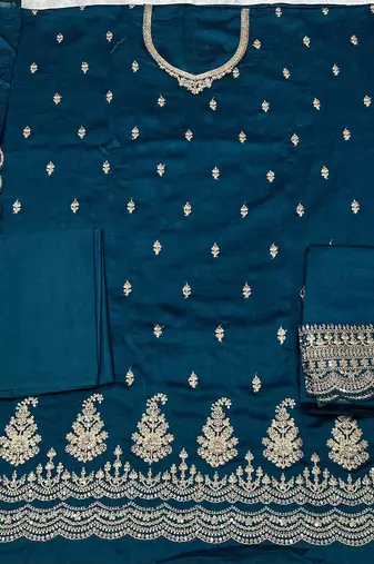 Teal blue silk georgette suit with embroidery sequin 