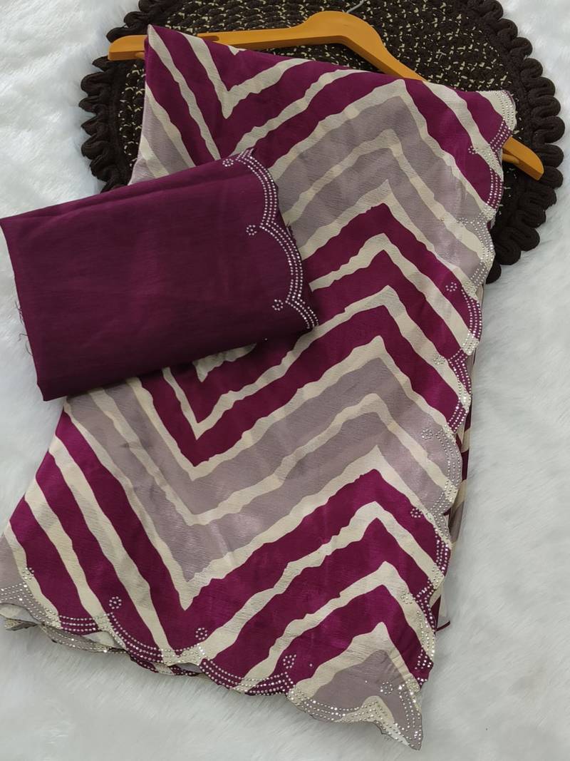 chiffon lehriya design pattern dimond  work in cutwork border saree with mono banglori blouse piece