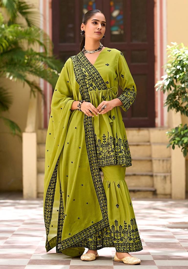 Mehendi chinon readymade sharara suit with embroidery work