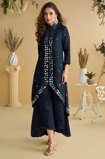 Black silk stylish readymade suit with real mirror work