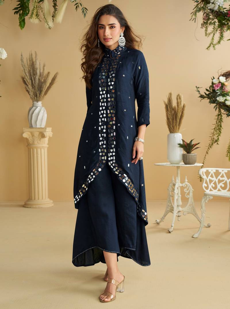 Black silk stylish readymade suit with real mirror work