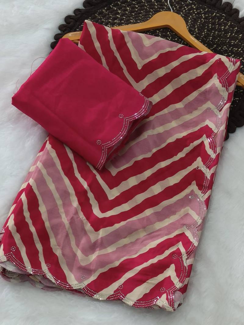 chiffon lehriya design pattern dimond  work in cutwork border saree with mono banglori blouse piece