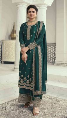 Teal green silk georgette suit with embroidery sequin  1